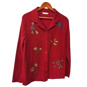 TanJay Burgundy Red Embroidered Floral Leaf Button Front Cardigan SweaterVintage